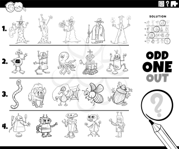 Black and White cartoon illustration of odd one out picture in a row educational game for elementary age or preschool children with comic characters coloring book page