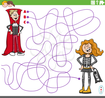 Cartoon illustration of lines maze puzzle game with children or teen characters at the costume party