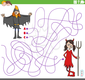 Cartoon illustration of lines maze puzzle game with girls characters at the costume party