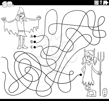 Black and white cartoon illustration of lines maze puzzle game with girls characters at the costume party coloring book page