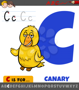 Educational cartoon illustration of letter C from alphabet with canary bird animal character