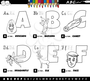 Black and white cartoon illustration of capital letters from alphabet educational set for reading and writing practice for children from A to F coloring book page