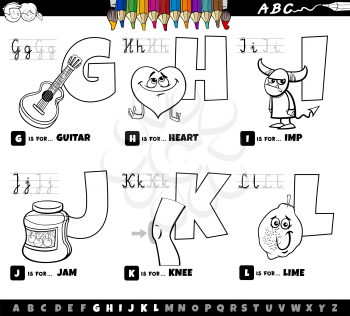 Black and white cartoon illustration of capital letters from alphabet educational set for reading and writing practise for children from G to L coloring book page