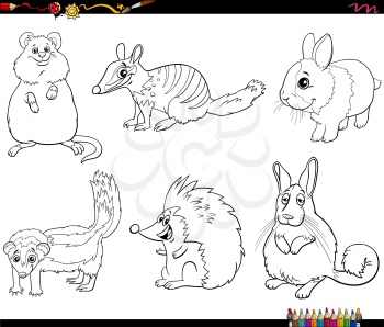 Black and white cartoon illustration of animals comic characters set coloring book page