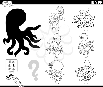 Black and white cartoon illustration of finding the right picture to the shadow educational game for children with octopuses animal characters coloring book page