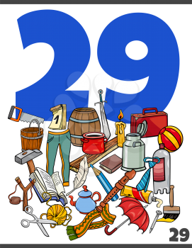 Cartoon illustration of number twenty nine for children with objects group