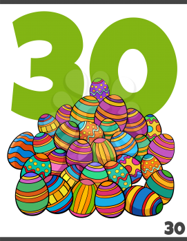 Cartoon illustration of number thirty for children with Easter colored eggs group