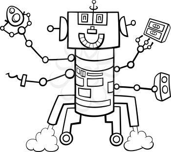 Black and white cartoon illustration of happy robot fantasy comic character coloring book page