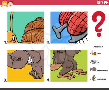 Cartoon illustration of educational game of guessing animal species activity for children