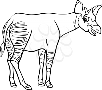 Black and white cartoon illustration of funny okapi comic animal character coloring book page