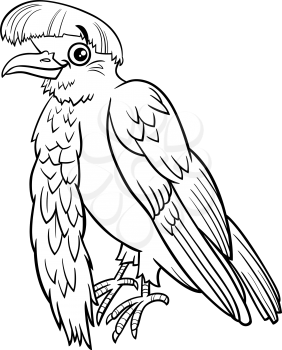 Black and white cartoon illustration of umbrellabird animal character coloring book page