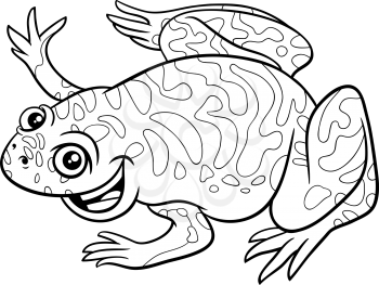 Black and white cartoon illustration of xenopus comic animal character coloring book page