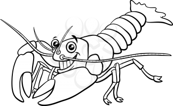 Black and white cartoon illustration of funny yabby crayfish animal character coloring book page