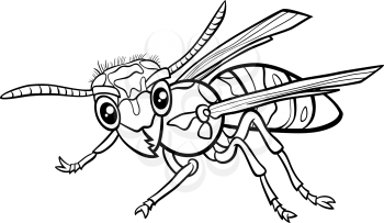 Black and white cartoon illustration of yellowjacket or wasp insect animal character coloring book page