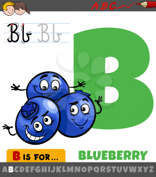 Educational cartoon illustration of letter B from alphabet with blueberry fruit characters