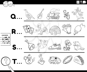 Black and white cartoon illustration of finding pictures starting with referred letter educational task worksheet for preschool or elementary school children with comic characters coloring book page