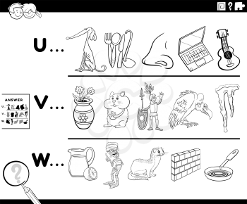 Black and white cartoon illustration of finding pictures starting with referred letter educational game worksheet for preschool or elementary school children with comic characters coloring book page