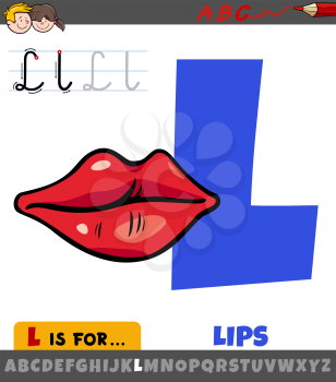 Educational cartoon illustration of letter L from alphabet with lips word