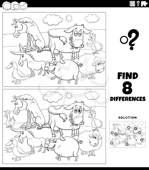 Black and white cartoon illustration of finding the differences between pictures educational game for children with funny farm animals characters coloring book page