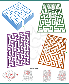 Illustration of maze games graphs set with solutions