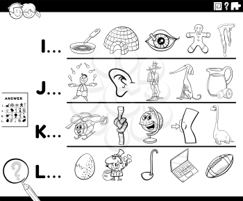 Black and white illustration of finding pictures starting with referred letter educational task for preschool or elementary school children with cartoon characters coloring book page