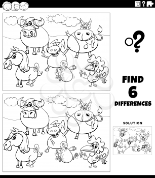 Black and white cartoon illustration of finding the differences between pictures educational game for kids with funny farm animals characters coloring book page