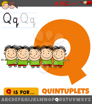 Educational cartoon illustration of letter Q from alphabet with quintuplets kids characters