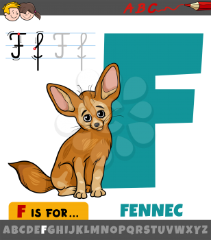 Educational cartoon illustration of letter F from alphabet with fennec animal character