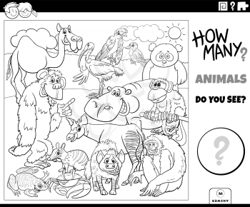 Black and white illustration of educational counting task for children with cartoon animals characters group coloring book page
