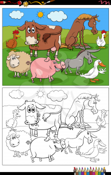 Cartoon illustration of funny farm animals characters group on the pasture coloring book page