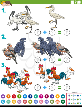 Cartoon illustration of educational mathematical addition puzzle task with birds animal characters