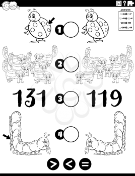 Black and white cartoon illustration of educational mathematical puzzle game of greater than, less than or equal to for children with animal characters and numbers worksheet coloring book page