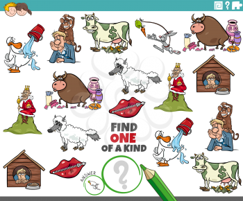 Cartoon illustration of find one of a kind picture educational task for children with comic characters and sayings or proverbs