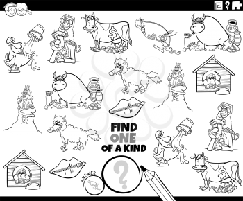 Black and white cartoon illustration of find one of a kind picture educational task for children with comic characters and sayings coloring book page