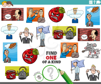 Cartoon illustration of find one of a kind picture educational task for children with comic characters and sayings