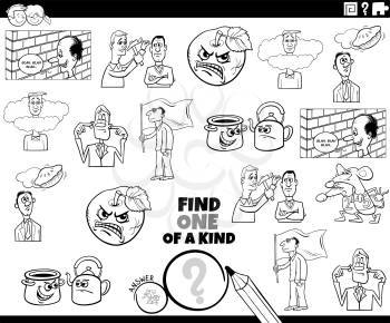 Black and white cartoon illustration of find one of a kind picture educational task for children with comic people characters coloring book page