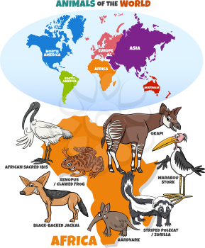 Educational cartoon illustration of African animal species and world map with continents shapes