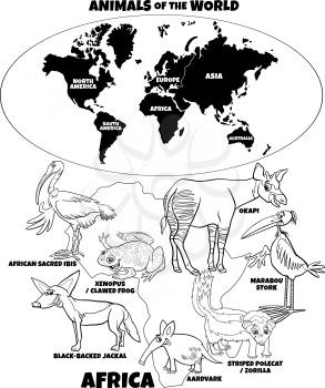 Black and white educational cartoon illustration of African animal species and world map with continents shapes coloring book page