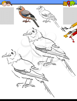 Cartoon illustration of drawing and coloring educational activity for children with jay bird animal character