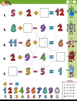 Cartoon illustration of educational mathematical calculation task worksheet for elementary school children