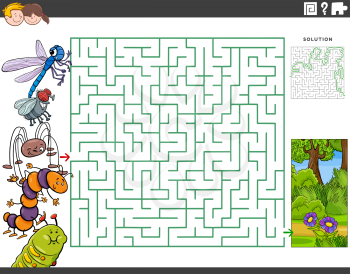 Cartoon illustration of educational maze puzzle game for children with insects characters and meadow