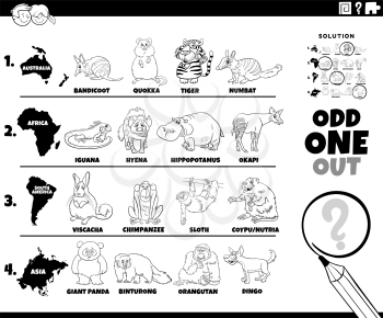 Black and white cartoon illustration of odd one out picture in a row educational task for elementary age or preschool children with animals species from different continents coloring book page