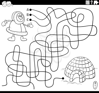 Black and white cartoon illustration of lines maze puzzle game with Eskimo character and igloo coloring book page