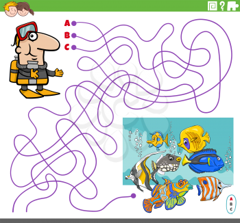 Cartoon illustration of lines maze puzzle game with scuba diver character and colorful tropical fish underwater
