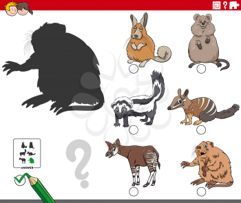 Cartoon illustration of finding the right picture to the shadow educational task for children with funny animal characters
