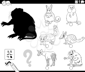 Black and white cartoon illustration of finding the right picture to the shadow educational task for children with funny animal characters coloring book page
