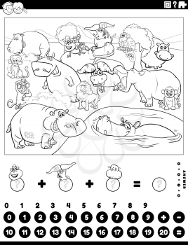 Black and white cartoon illustration of educational mathematical counting and addition game for children with hippopotamuses and buffalos and monkeys coloring book page