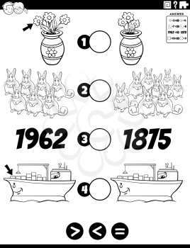 Black and white cartoon illustration of educational mathematical puzzle game of greater than, less than or equal to for children with objects and animal characters and numbers coloring book page
