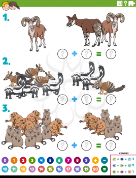 Cartoon illustration of educational mathematical addition puzzle task with wild animal characters