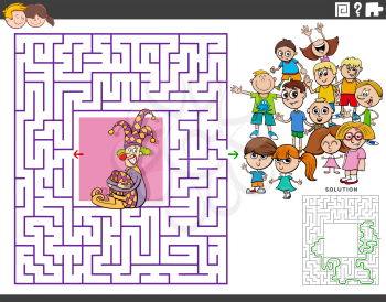 Cartoon illustration of educational maze puzzle game with clown and children characters
